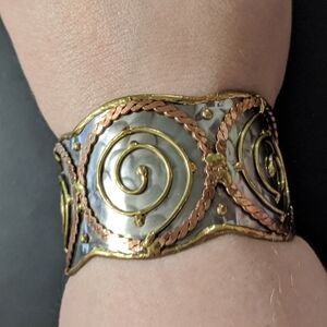 Silver Tone with Gold and Copper Tone Accent Swirl Cuff Statement Bracel…